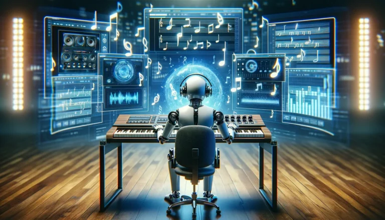 65d7bc0dba6fe1253374d3d5_Illustration of an android composing music in a studio